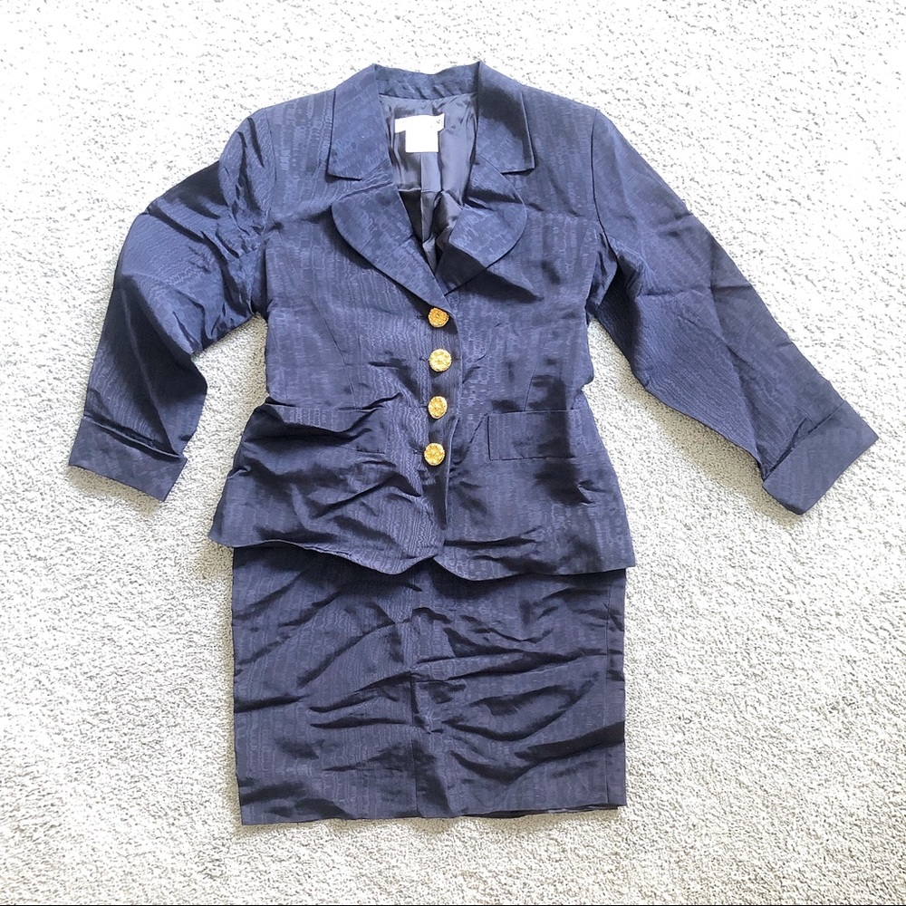 YVES SAINT LAURENT Vintage Navy Skirt Suit 40 - Picture 1 of 8